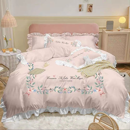 four-piece embroidered quilt cover for washed cotton bed