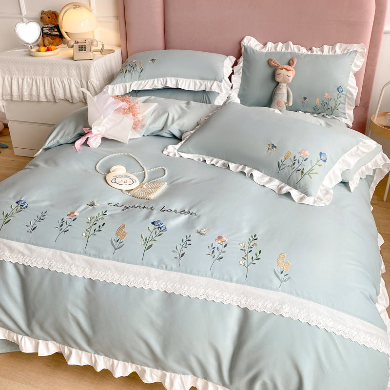 four-piece embroidered quilt cover for washed cotton bed