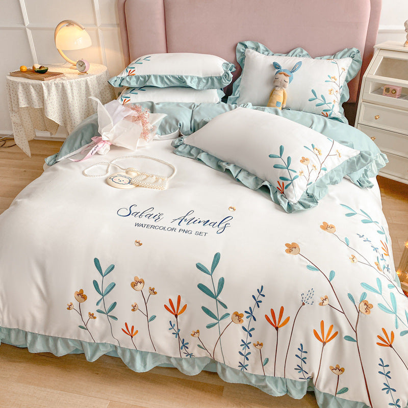 four-piece embroidered quilt cover for washed cotton bed