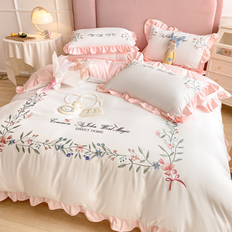 four-piece embroidered quilt cover for washed cotton bed